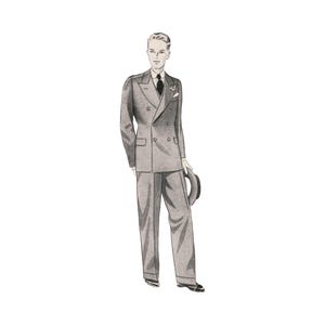 Könnte beinhalten: Illustration einer Person in einem zweireihigen grauen Anzug, schwarzer Krawatte und Hut. Der Anzug hat ein klassisches Design mit breiten Revers und einer maßgeschneiderten Passform. Die Person hält einen Hut und hat eine Blume am Revers.