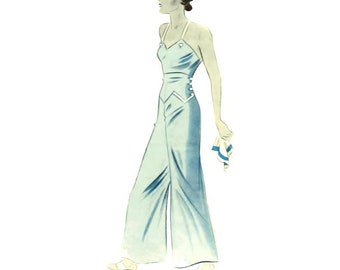 Vintage 104cm/40" busto tamaño 1930s traje de playa / pantalones de pierna ancha de cintura alta y patrón de costura superior de cuello halter