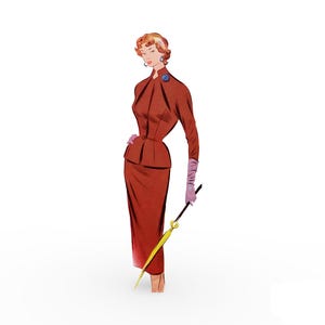 Patrón de costura para traje de chaqueta y falda con escote entallado y mangas de kimono entalladas, talla de busto de 96 cm/38 pulgadas, años 50