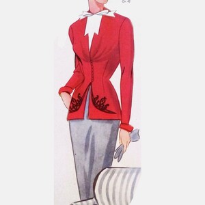 May include: A vintage illustration of a woman wearing a red jacket with black trim and a gray skirt. The jacket has a white collar and a button closure. The woman is standing next to a striped chair. The illustration is labeled "3478 Gr. 42".