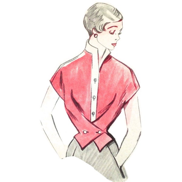 Vintage 100 cm/39" Oberweite 1950er Jahre vorn Kreuz Knopfleiste Bluse Schnittmuster