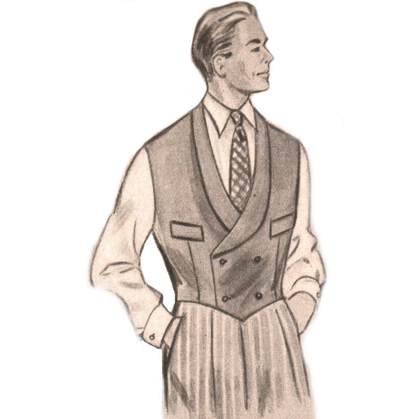 Menswear vintage 92cm/36" chest size 1950s mens cropped double-breast waistcoat sewing pattern