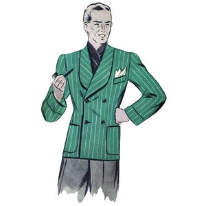 Op de afbeelding: Illustratie van een man in een groen dubbelbreasted pak met witte krijtstrepen, een zwart overhemd en een pochet. Hij houdt een pijp vast. Het pak heeft een klassieke, vintage stijl.