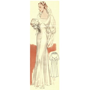 Vintage 96cm/38&quot; bust size 1930s long sleeve and fitted waist wedding dress / bridal gown / bride dress sewing pattern