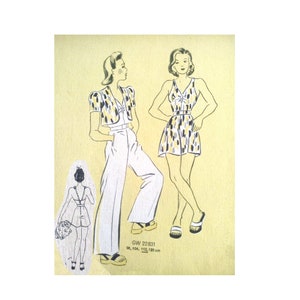 May include: A vintage sewing pattern illustration featuring two women wearing different outfits. The woman on the left is wearing a white top with a black and yellow patterned jacket and white pants. The woman on the right is wearing a black and yellow patterned dress. The pattern number is GW 22831 and the sizes are 96, 104, 112, 120 cm.