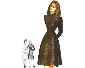 Vintage 96cm 38" bust size 1940s winter coat with hood sewing pattern.
