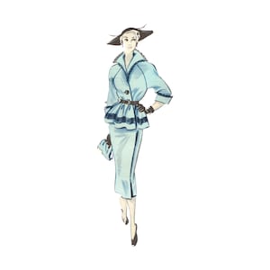 May include: Illustration of a woman in a pale blue suit, hat, and purse. The jacket has a peplum, dark belt, and trim. The woman wears gloves and black shoes. The outfit is a vintage fashion design.