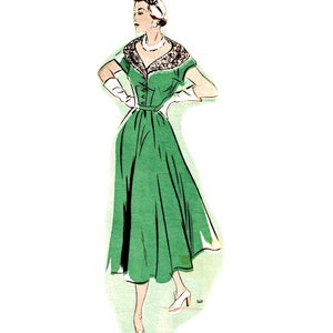 May include: A vintage illustration of a green dress featuring a black lace collar, short sleeves, and a button-down bodice. The dress has a fitted waist and a flowing skirt. The figure is wearing white gloves, a hat, and heels. The style is reminiscent of the mid-20th century.