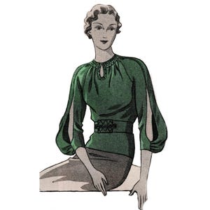 Vintage 102cm/40&quot; bust size 1930s long split side raglan sleeve blouse sewing pattern.
