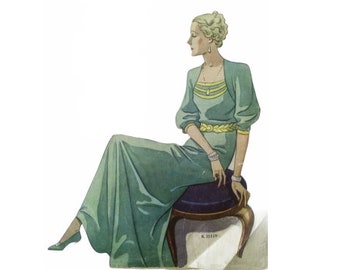 Vintage 100cm / 39" bust size 1930s raglan sleeve formal dress / evening dress sewing pattern.