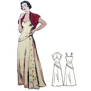 May include: Illustration of a vintage evening gown with a red bolero jacket. The gown is cream-colored with a decorative band at the waist and a floral pattern on the side. Two additional line drawings of the dress are also shown.