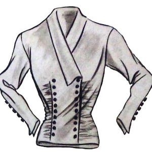 Vintage 108cm/42&quot; 1950s long sleeve blouse with ruched front and decorative button rows sewing pattern