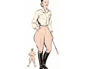 Vintage 72cm/28" waist size early 1950s horse riding pants / jodhpur pants sewing pattern.