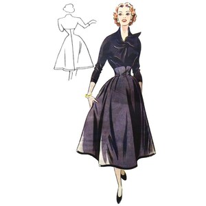 Vintage 92cm/36" bust size 1950s dress with detailed bodice front and full skirt sewing pattern