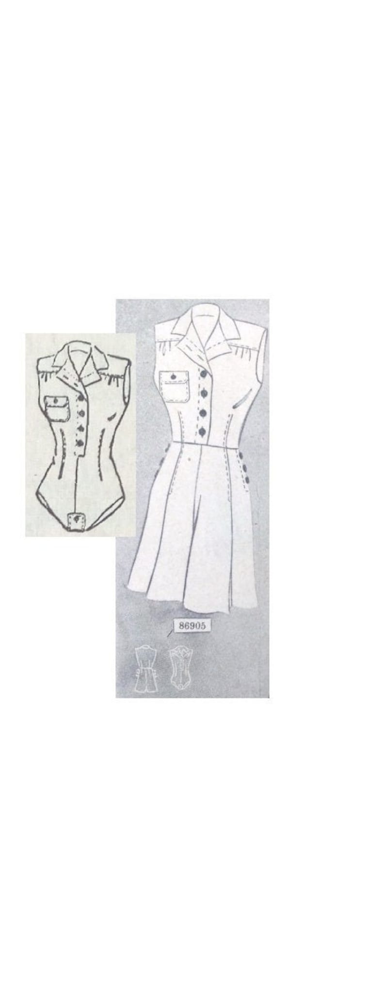 Puede incluir: Un dibujo en blanco y negro de un vestido sin mangas con cuello, botones en la parte delantera y dos bolsillos. El vestido tiene un corpi&ntilde;o ajustado y una falda completa. El dibujo est&aacute; etiquetado como "86905".