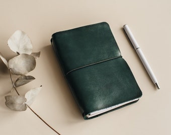 Custom traveler notebook, green leather journal, stationary Moleskine cover, mens gift