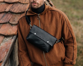 Leather chest bag, men waist bag, engraved bum bag, casual leather clutch