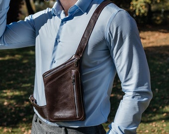 Brown leather crossbody purse, small holster bag for men, cross shoulder messenger bag, fanny pack for father’s day, zipper coin wallet