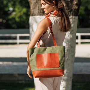 Waxed Canvas and Leather Tote Bag, Durable Everyday Shopper, Water-Resistant Shoulder Bag, Lightweight Handcrafted Market Tote