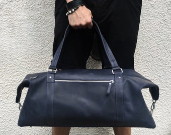 Men's duffle bag, navy blue travel handbag, leather weekender purse, overnight bag, gym bag