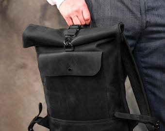 Zwarte leren rolltop rugzak, cadeau-idee voor mannen, robuuste tas voor dagelijks gebruik, handgemaakte reisrugzak, uitbreidbare laptoprugzak