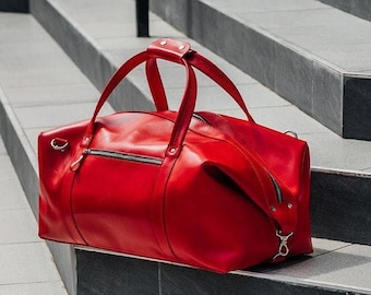 Leather duffle bag, overnight or weekend red bag, gym or travel bag, large sport bag