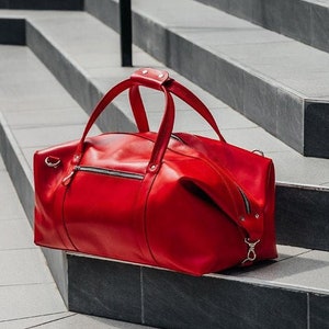 Leather duffle bag, overnight or weekend red bag, gym or travel bag, large sport bag