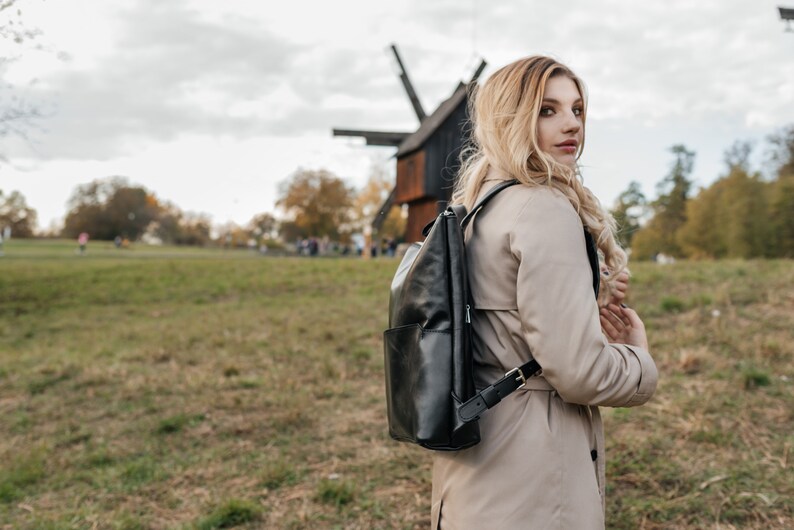 Laptop leather backpack personalized black travel bag women school or college rucksack men work office backpack