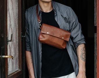 Waist belt bag, cognac leather crossbody purse, men travel hip handbag, brown fanny pack