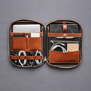 May include: A tan leather organizer case with a zipper closure, featuring multiple interior pockets, elastic loops for cables, a dedicated slot for a laptop, a pen holder, and a strap to secure a notebook, all lined with black fabric.