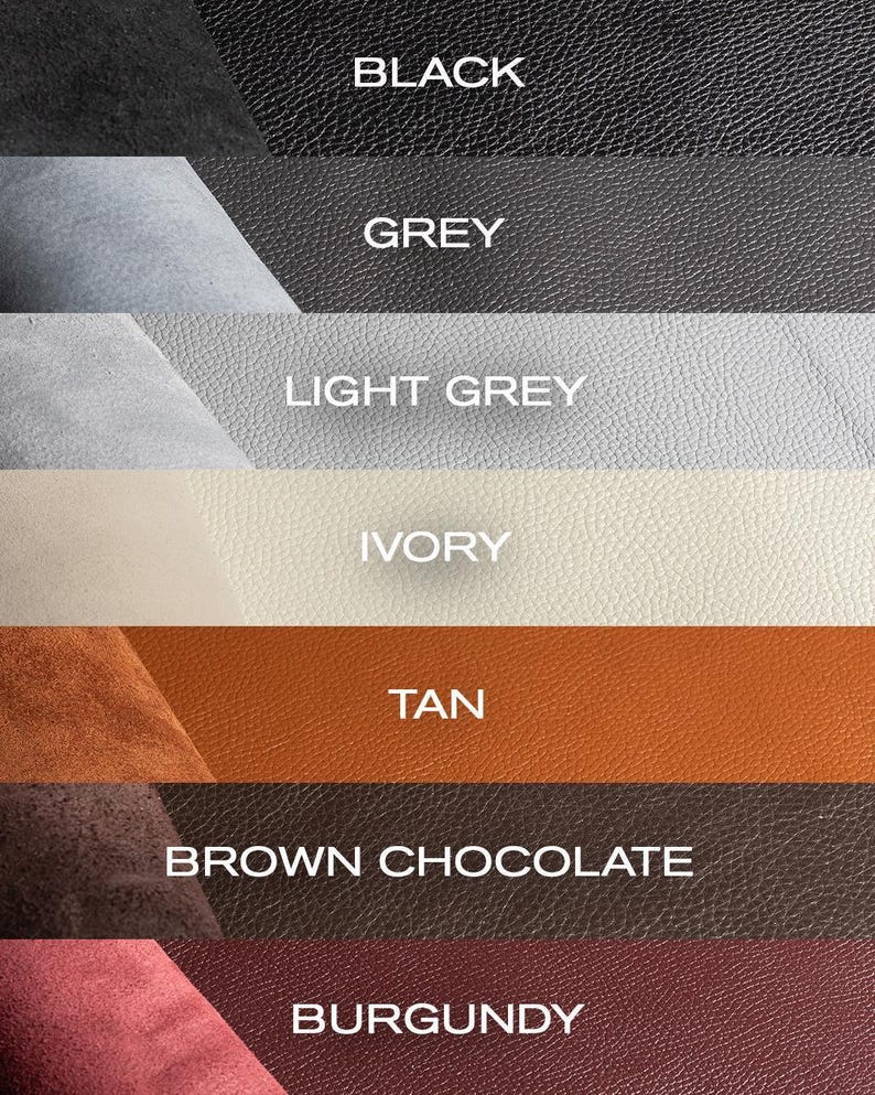 Puede incluir: Una paleta de colores que muestra muestras de cuero en varios tonos. Los colores incluyen negro, gris, gris claro, marfil, marr&oacute;n claro, chocolate marr&oacute;n y burdeos. Cada muestra est&aacute; etiquetada con su nombre de color en texto blanco.