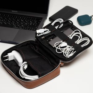 Personalized Brown Cable and Charger Organizer, Travel Cable Organizer, Handmade Travel Organizer, Charge Storage Bag, Birthday Gift Him