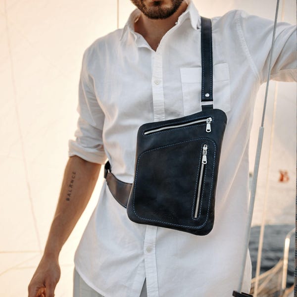 Bolsa tiracolo minimalista em couro, bolsa de viagem para o peito, bolsa transversal personalizada para homens, presente de luxo para padrinhos, mini mochila com alça única