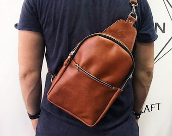 Leather bag, sling leather bag, sling bag, vintage bag, backpack bag, gift for him, unisex, casual, brown backpack, leather crossbody, bag
