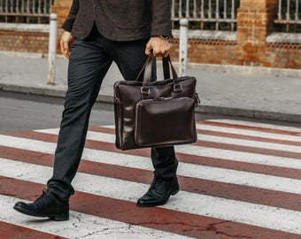 Brown Leather Laptop Briefcase, Men Office Bag, Computer Handbag, Business Shoulder Purse, Document Accessories, Christmas in July
