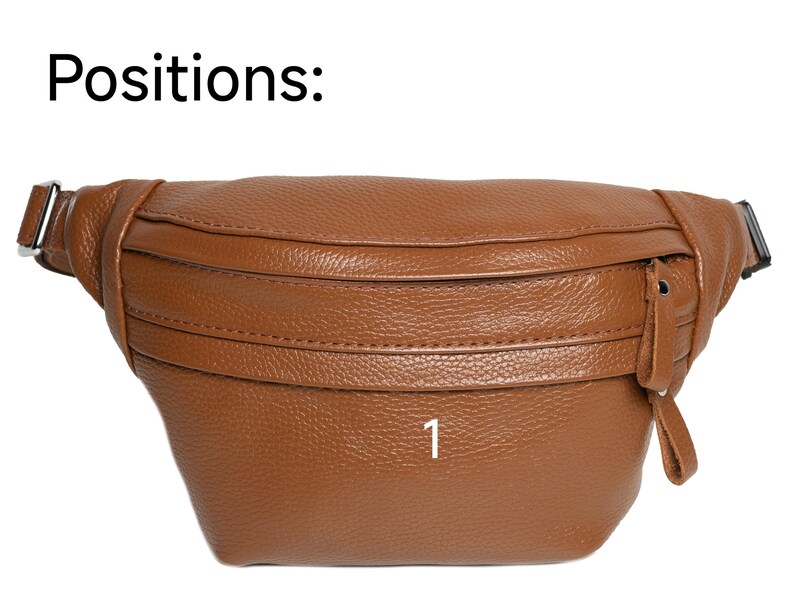 Puede incluir: Ri&ntilde;onera de cuero marr&oacute;n con superficie texturizada. La bolsa tiene forma curvada con cremallera y correa ajustable. El texto "Positions:" est&aacute; en la parte superior de la imagen y el n&uacute;mero "1" est&aacute; en la parte delantera.
