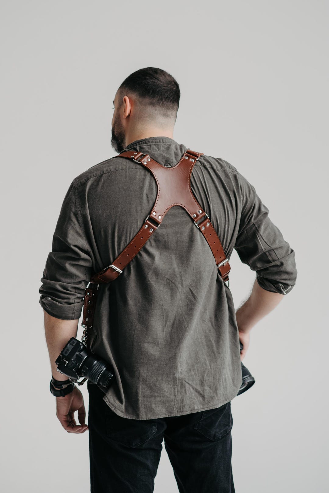 Adjustable Leather Double Camera Harness, Dual Camera Harness