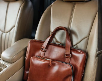 Slim Leather Laptop Case, Brown Leather Briefcase for Men, Handmade Office Bag, Personalized Work Bag Gift