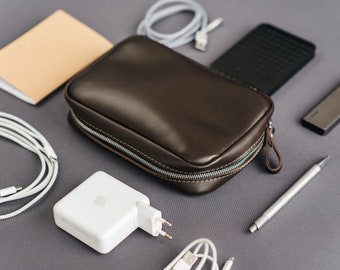 Leather Travel Organizer, Toiletry Kit & Cord Organizer, Personalized Charger Storage, Electronic Accessories Case