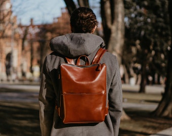 Cognac travel backpack, laptop leather bag, men or women city rucksack, school college diaper handbag