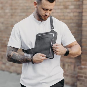 Grainy Leather Sling Bag for Men, Minimalist Crossbody Bag, Slim Leather Chest Bag, Everyday Leather Shoulder Bag for Travel or City