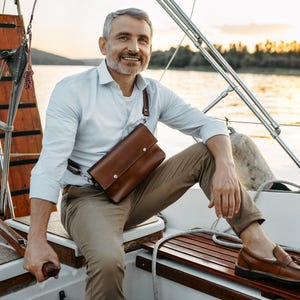 Brown leather clutch, minimalist fanny pack for men, casual crossbody purse, city walk bum bag, women gift
