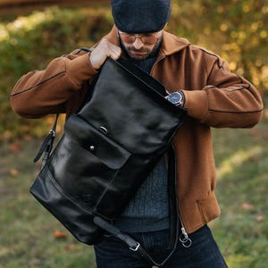 Leather Rolltop Backpack Black, Laptop Bag for Men, Stylish Travel Bag, Back to school, Leather Accessories for Him, Gift For Dad,