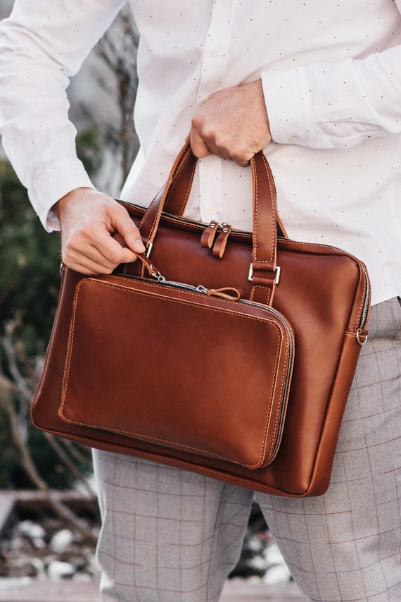 Porte-documents pour ordinateur portable en cuir cognac, sac de