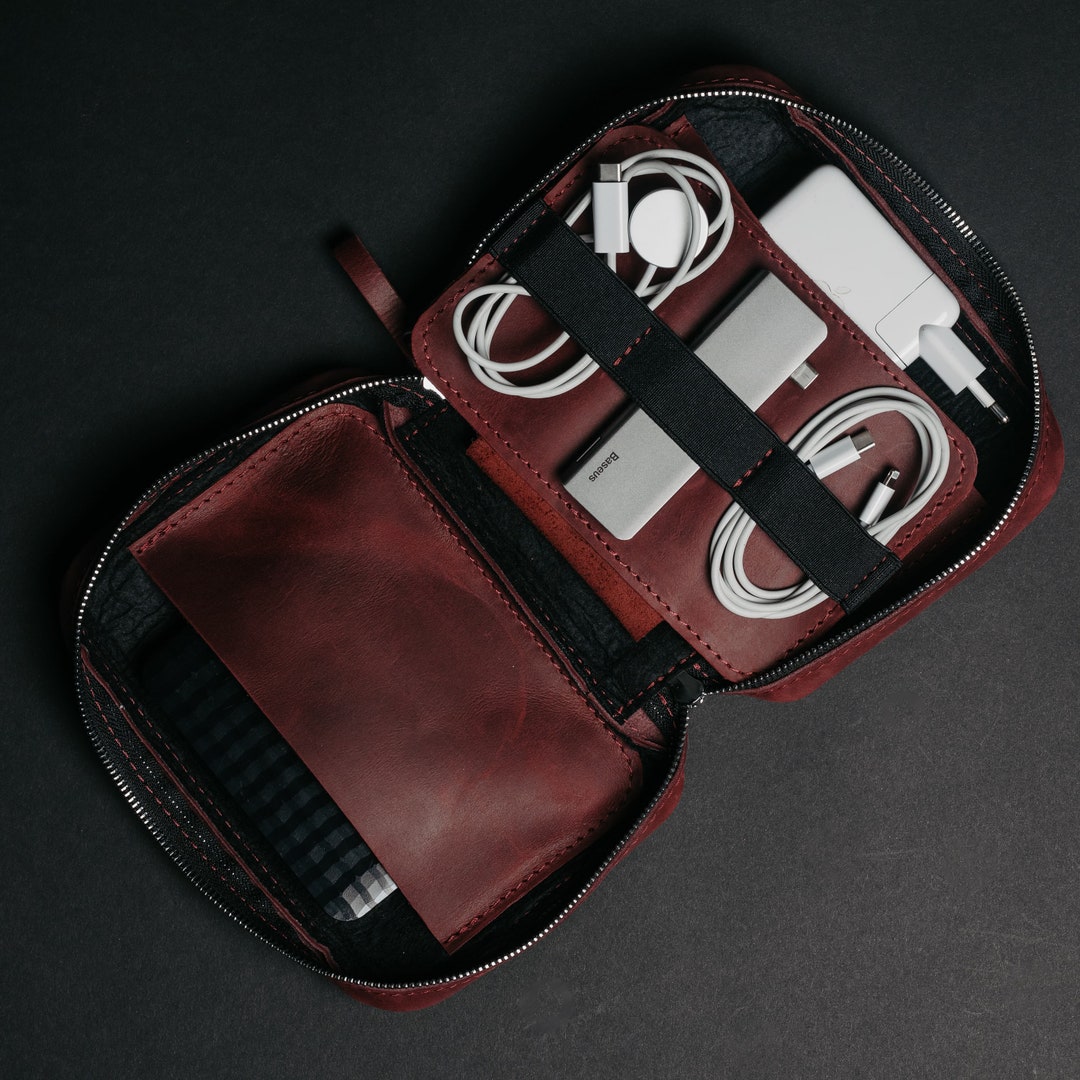 Minimalist Leather Tech Case, Electronic Organizer, Cable Holder