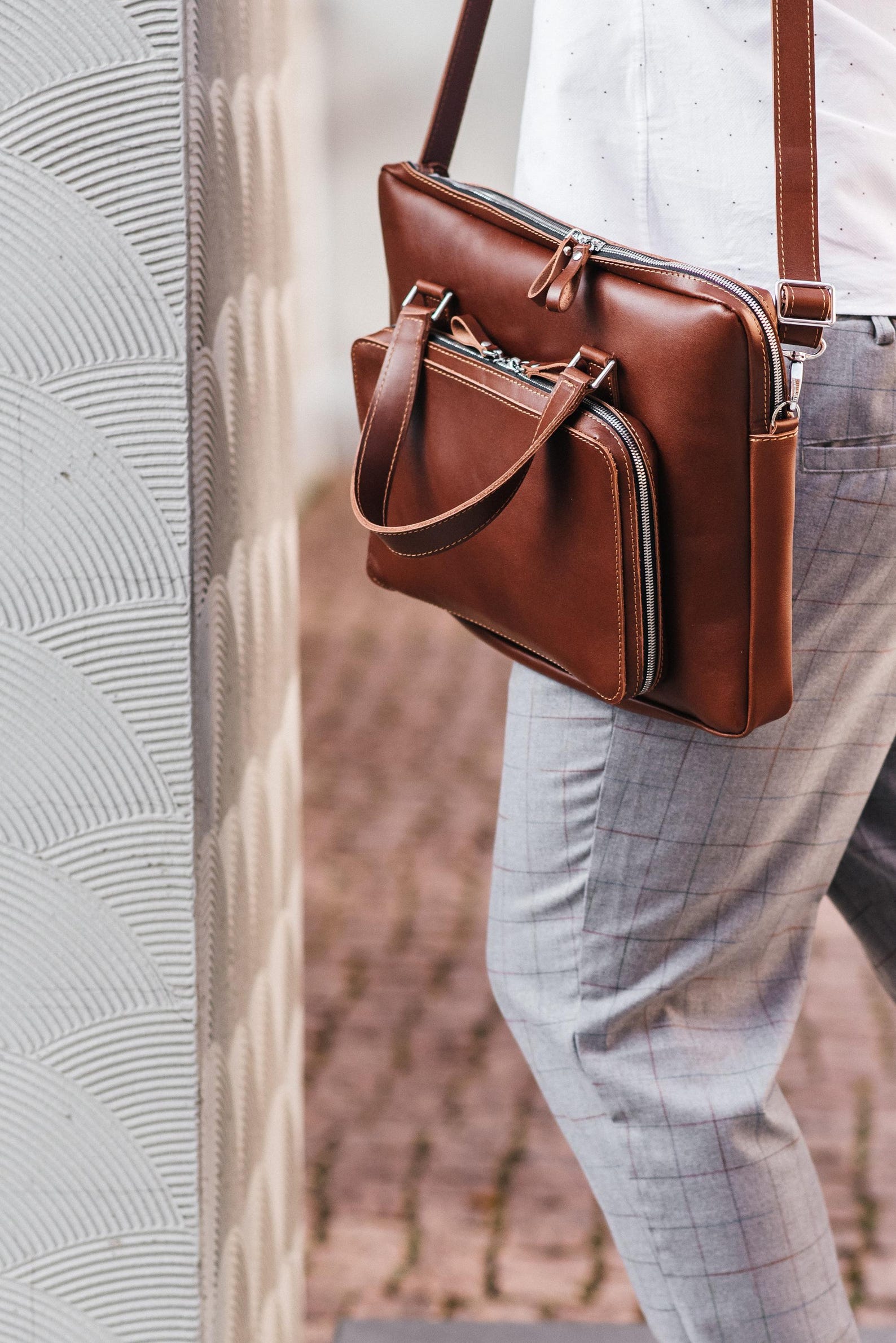 Cognac Leather Laptop Briefcase, Office Bag, Computer Handbag, Shoulder ...