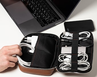 Leather Laptop Charger Storage Bag, Tech Gadget Organizer Case, Leather Cord Holder Pouch, Gift For Her, Custom Gift for Girlfriend