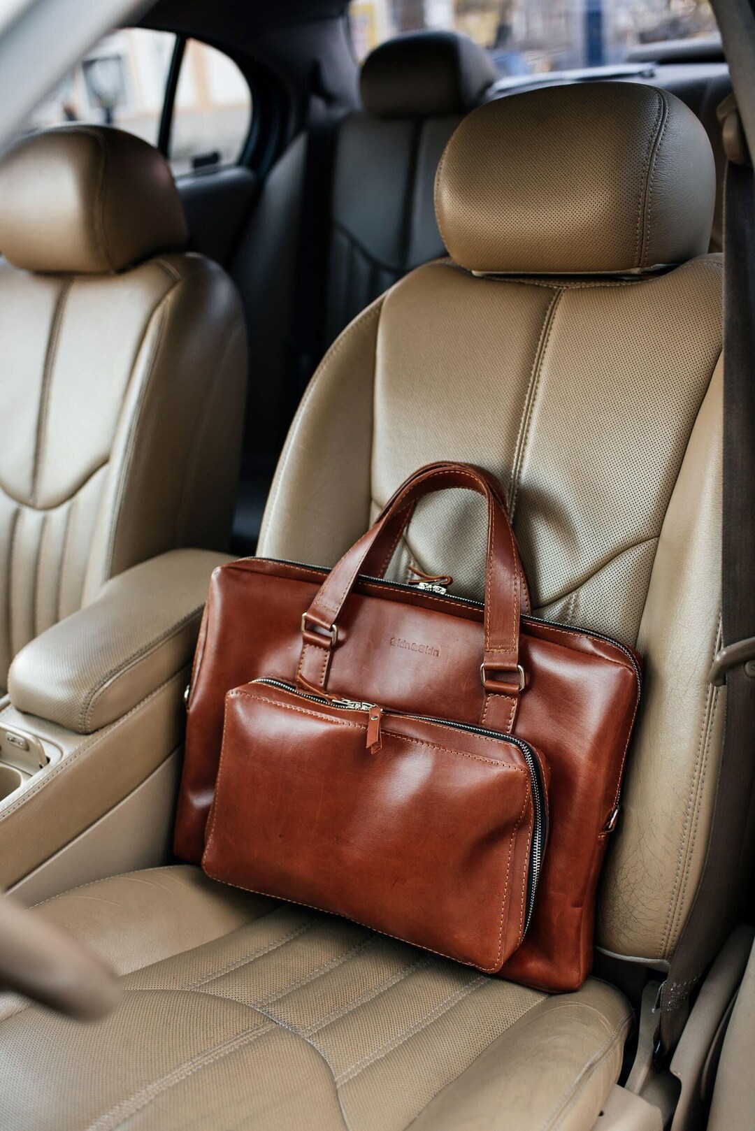 Cognac Leather Laptop Briefcase, Office Bag, Computer Handbag, Shoulder ...