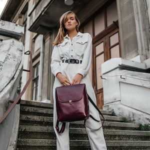 Sac à dos pour ordinateur portable en cuir bordeaux, sac à dos de ville pour femme, sac de travail élégant, sac à dos de voyage, cadeau pour elle