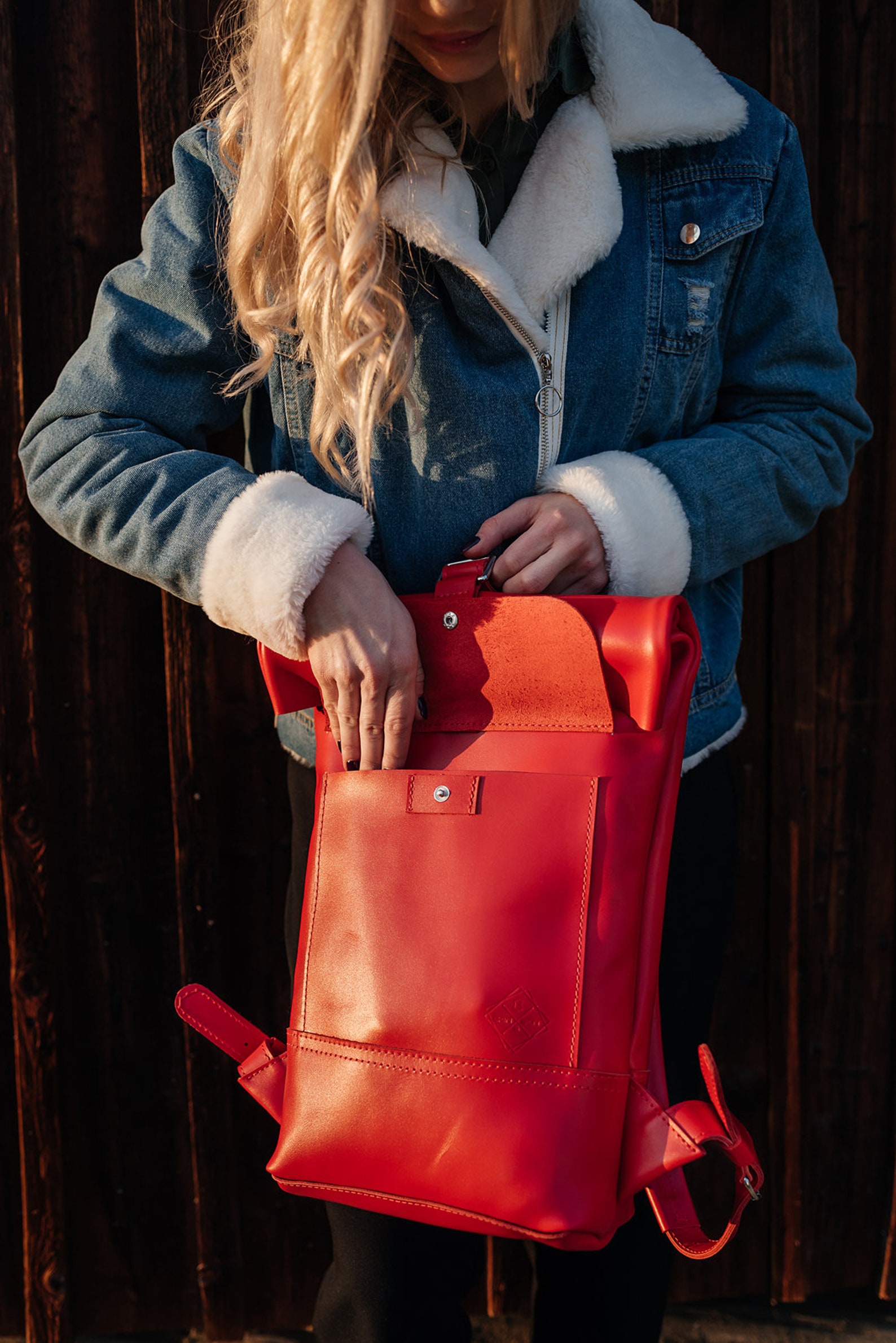 Leather Roll Top Backpack Red Travel Laptop Bag Women Etsy